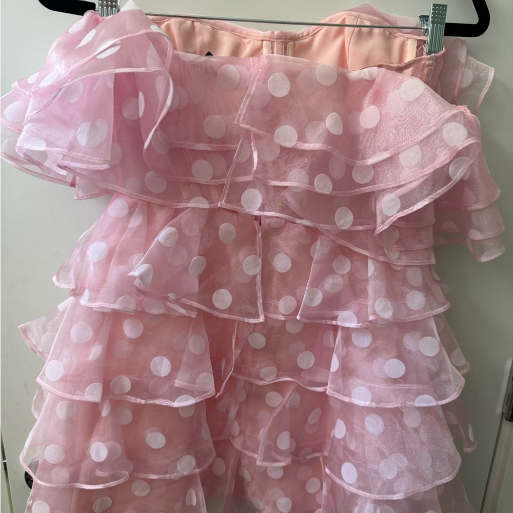 Theodora & Callum Pink Strapless Polka Dot Dress - Picture 2 of 4